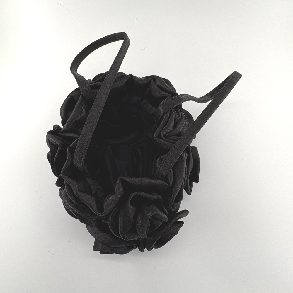 Black Satin 3D Rosette Evening Bag Mini Formal Handbag Top Handle - Picture 7 of 7